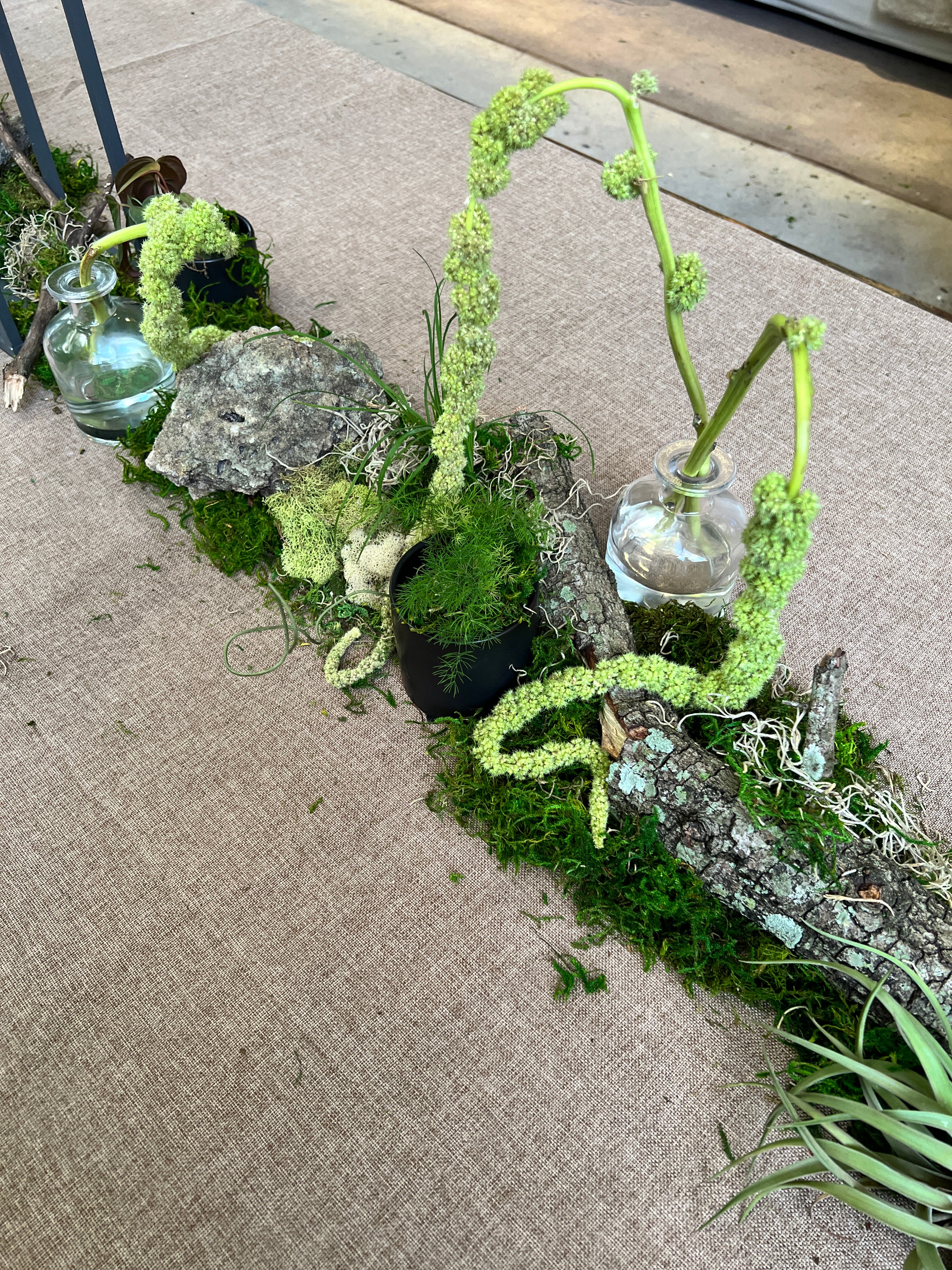 Decorative arrangement with moss, rocks, and glass balls on a textured surface